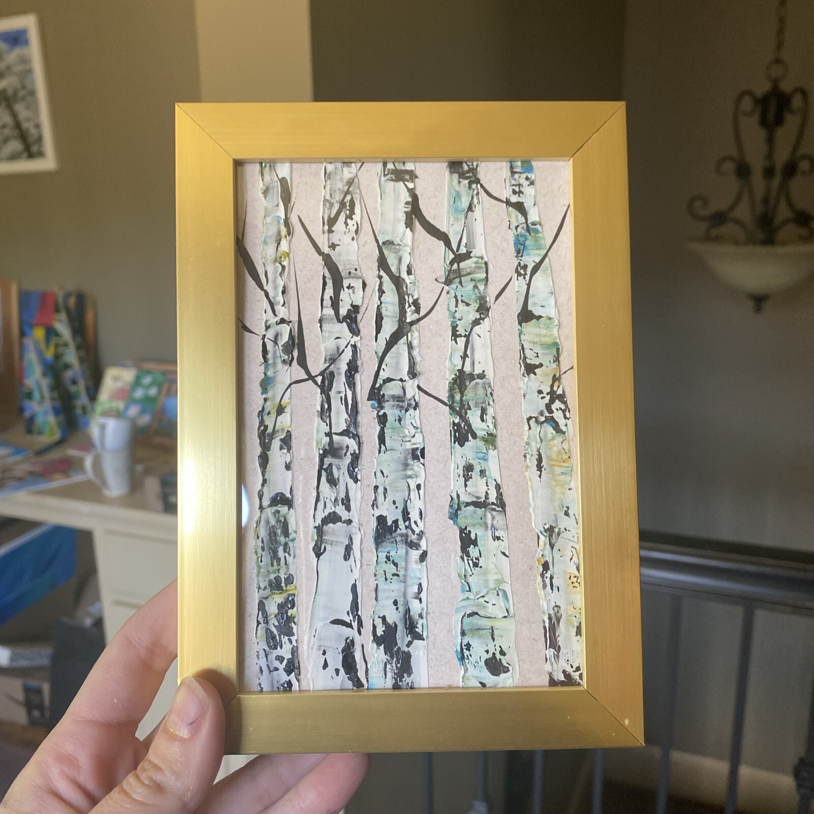 5/7 Acrylic Painting On Paper Birch Trees, Framed