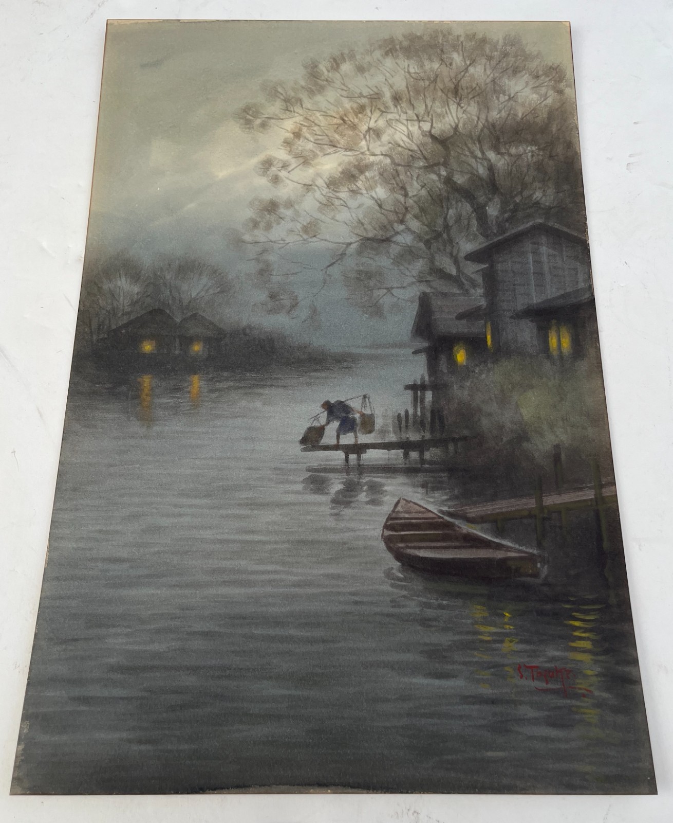 S. Tosuke » Moonlit Landscape» Original Watercolor Painting on Cardboard. 1930s