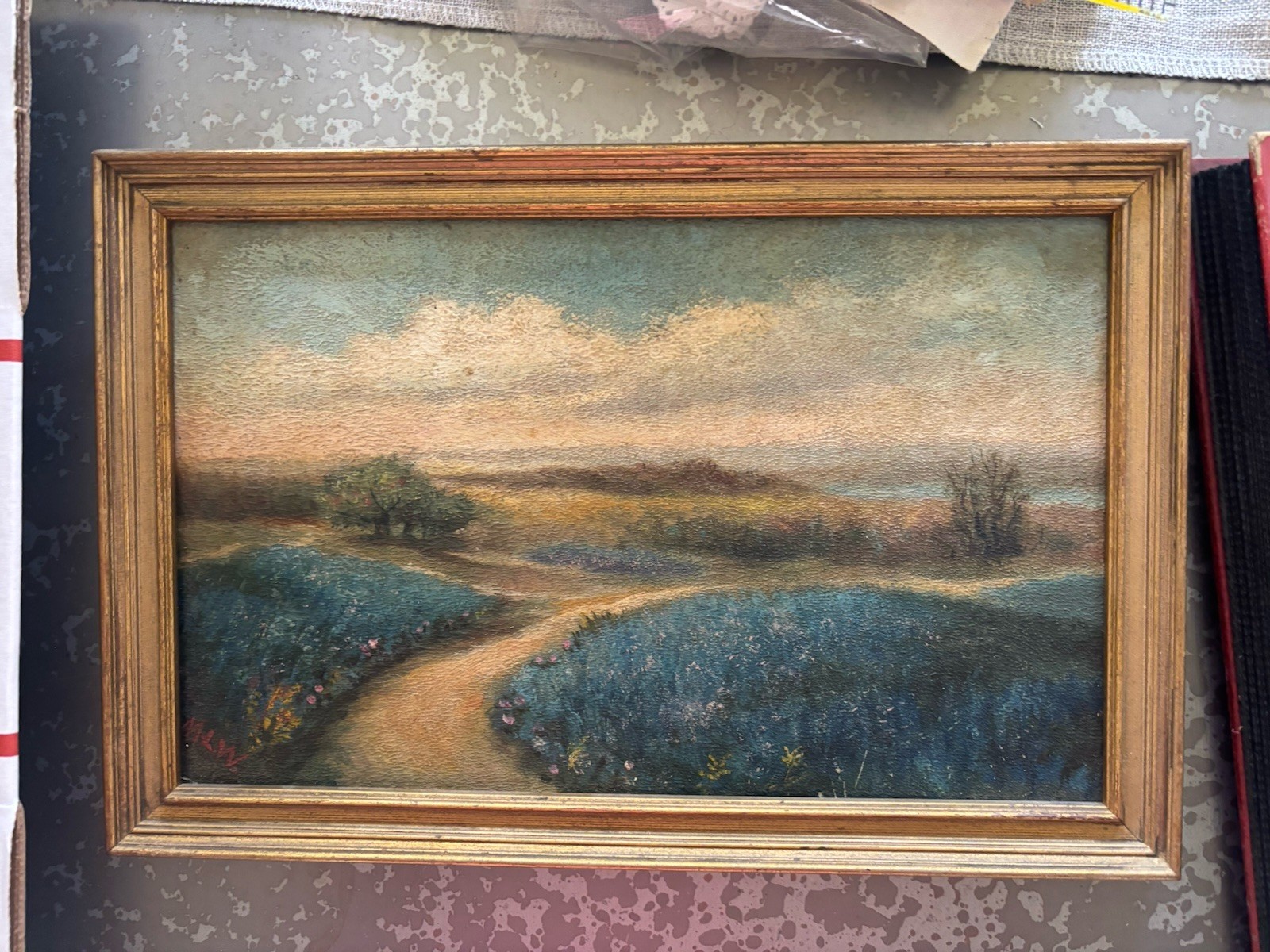 Impressionist Framed Landscape Path Field Trees Sky Painting on board