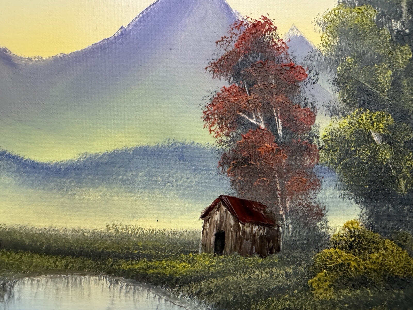Bob Ross style Mountain Cabin landscape oil painting 16×20