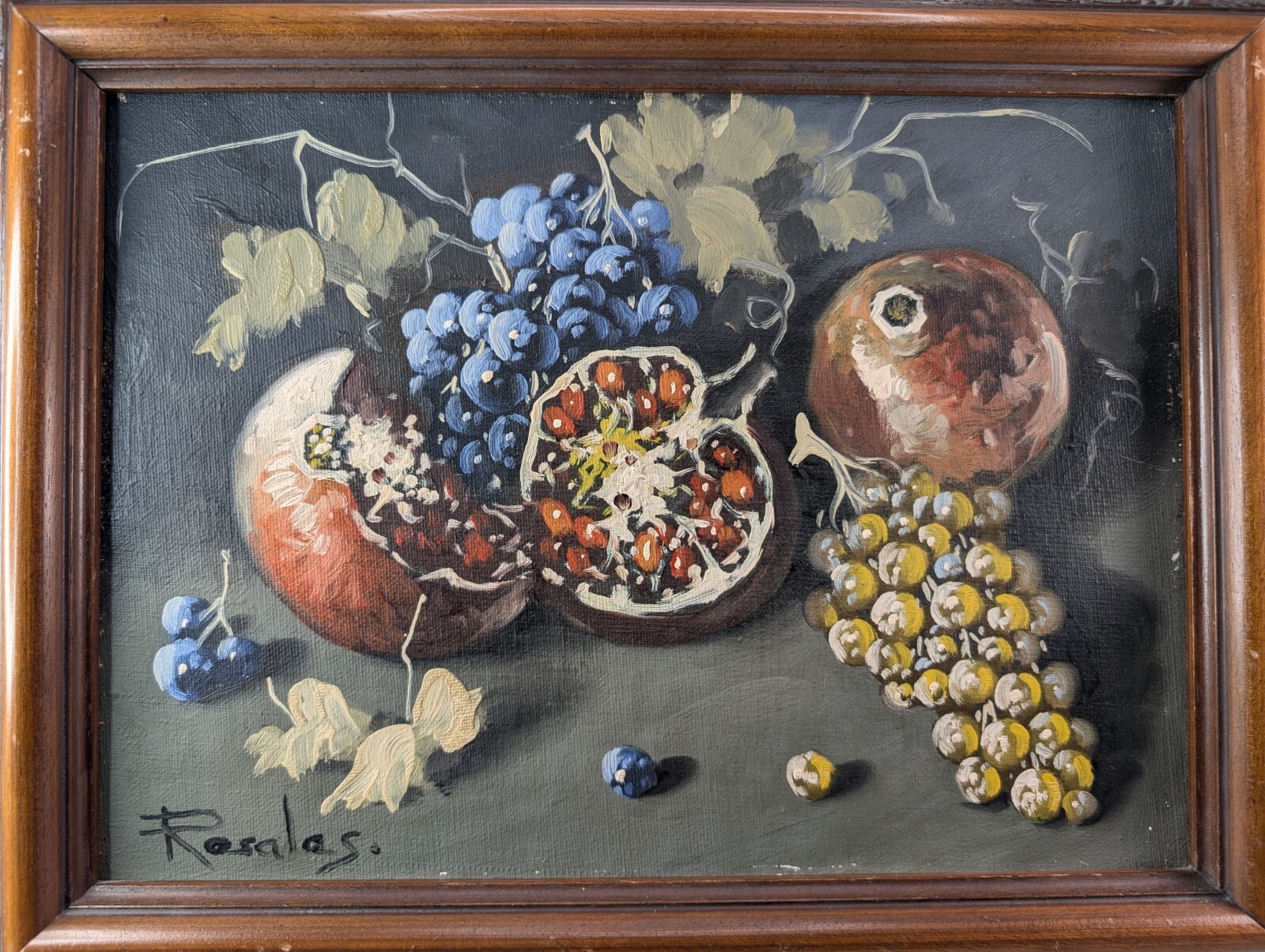 Original Art Oil painting Still life Pomegranates and Grapes on Canvas. Framed.