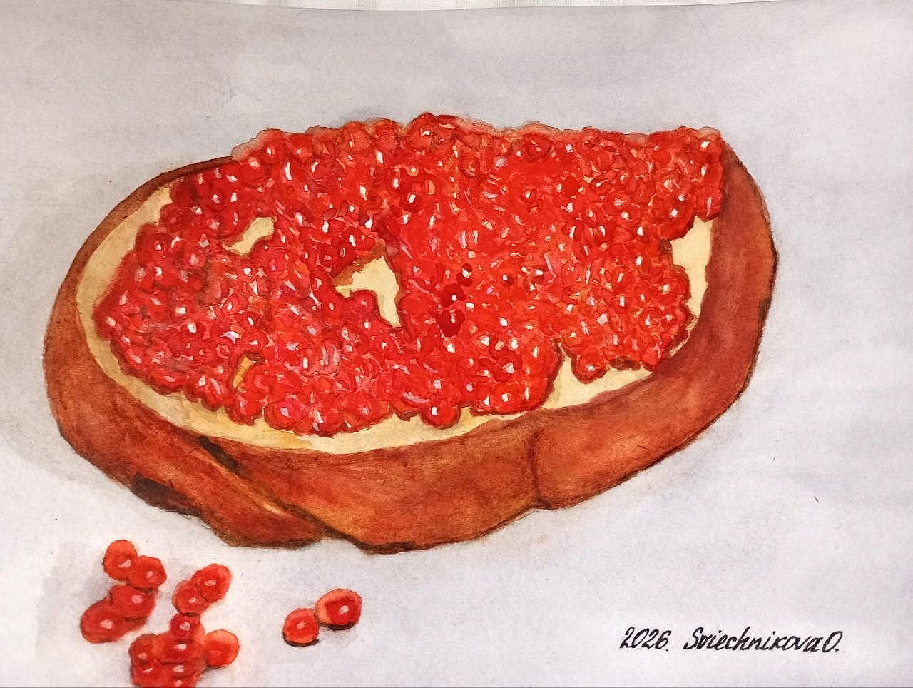paintingOriginal watercolor still life of a sandwich with red caviar, handmade
