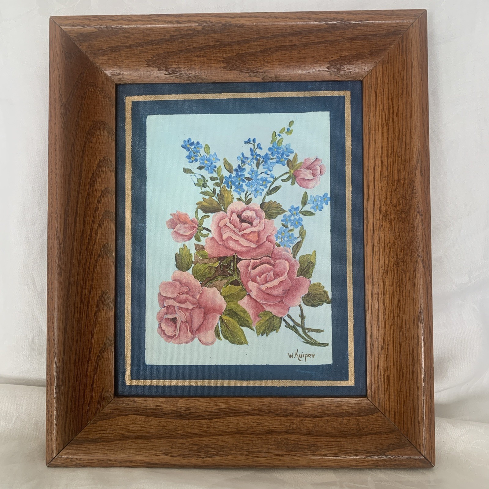 Vintage Oil Painting Roses Bouquet Canvas in Wood Frame 13 x 11 overall