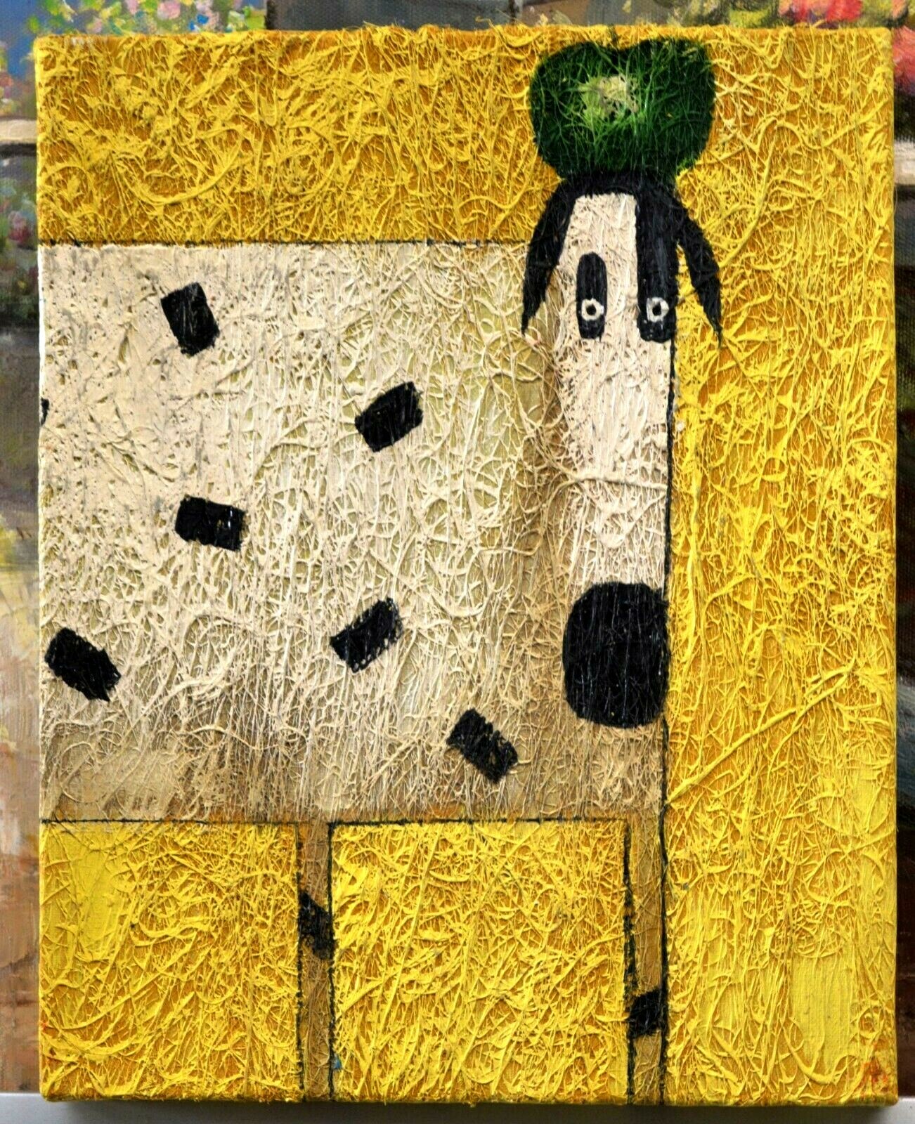 OIL PAINTING APPLE ON DOG HEAD ABS HUMOUR HAND PAINTED 10″ DECOR ART GIFT 454