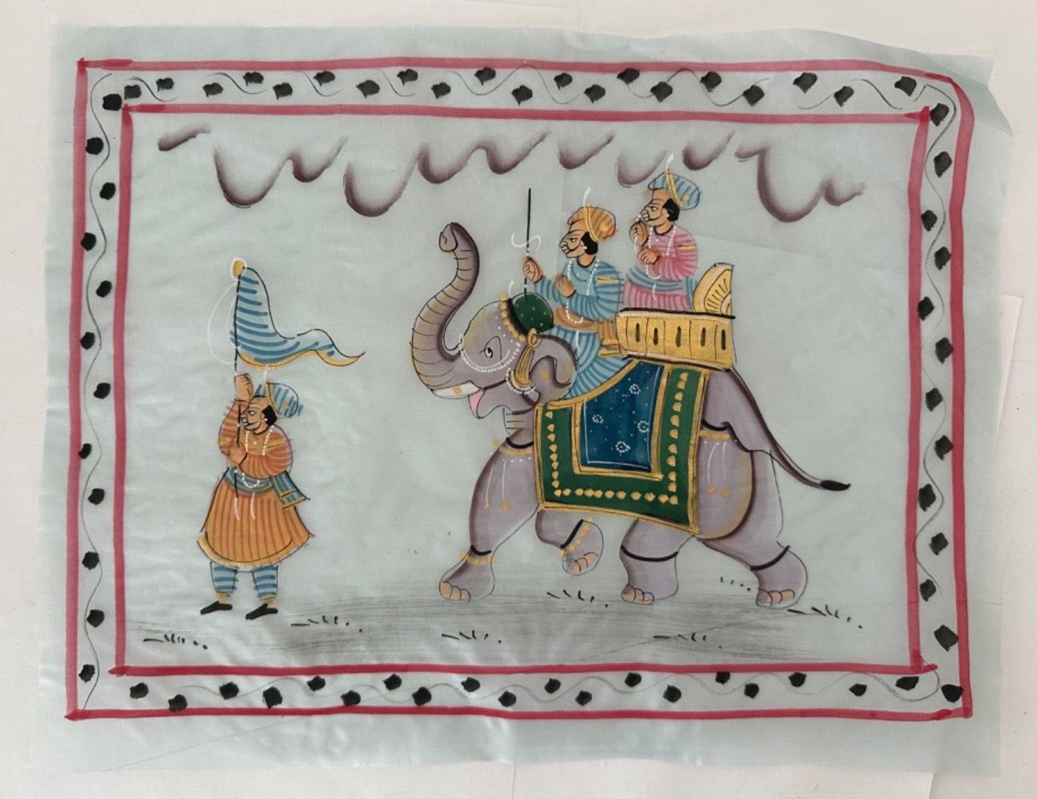 INDIA PAINTING OF ELEPHANT AND PEOPLE 12 1/2 X 9 1/2 INCHES ON GREY SILK
