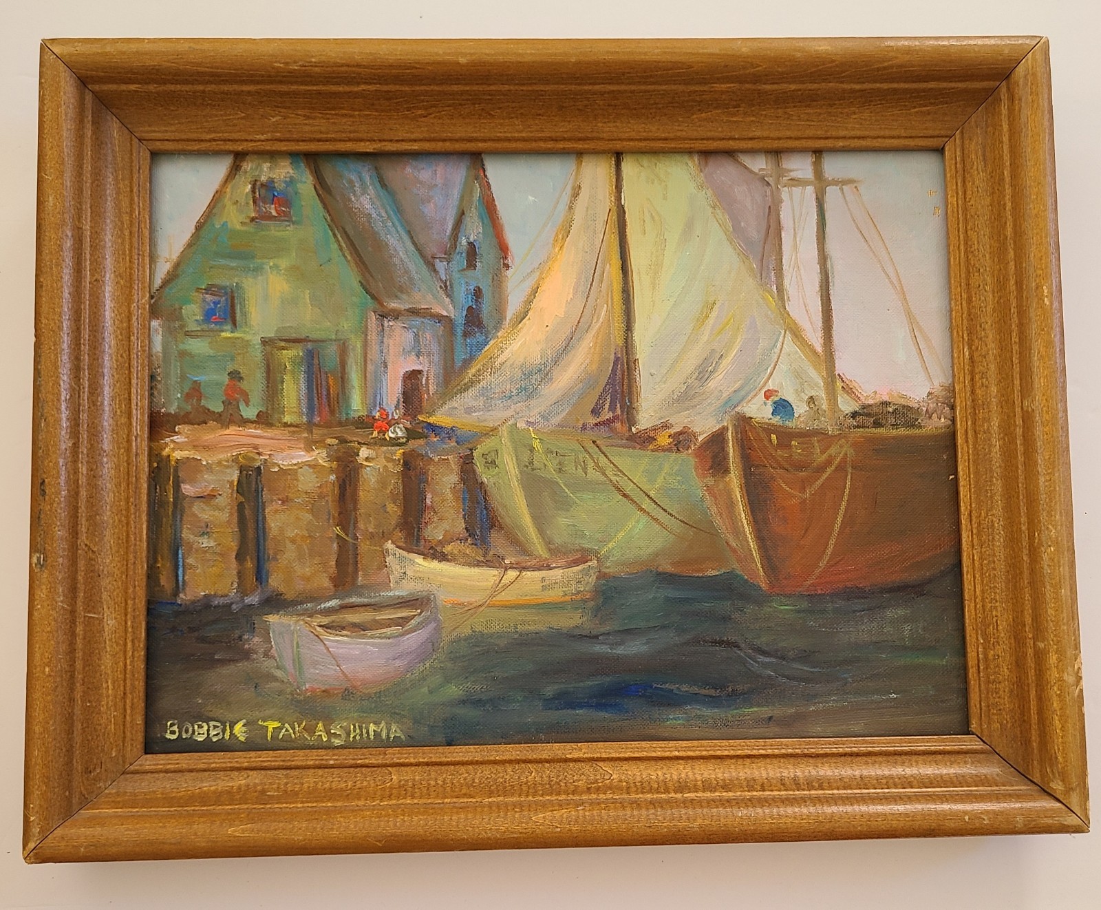 Vintage American Harbor Fishing Boat Oil Painting Signed BOBBIE TAKASHIMA