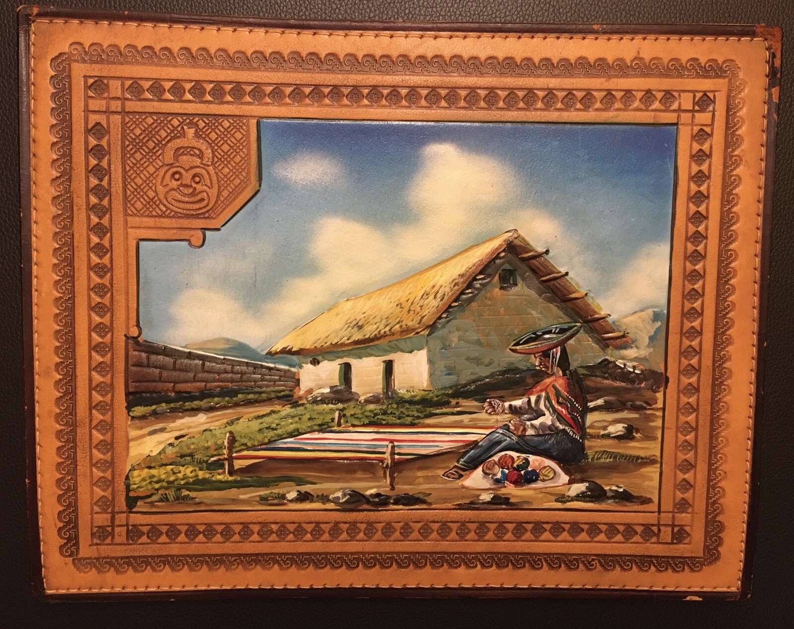 Peruvian 3D Leather Painting Stamped Border Industria Peruana Made by Hand