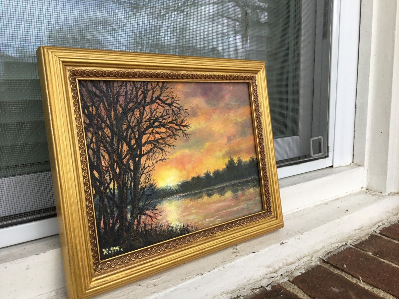 SUNRISE ON THE RIVER – original framed oil landscape painting on 6X8 inch canvas