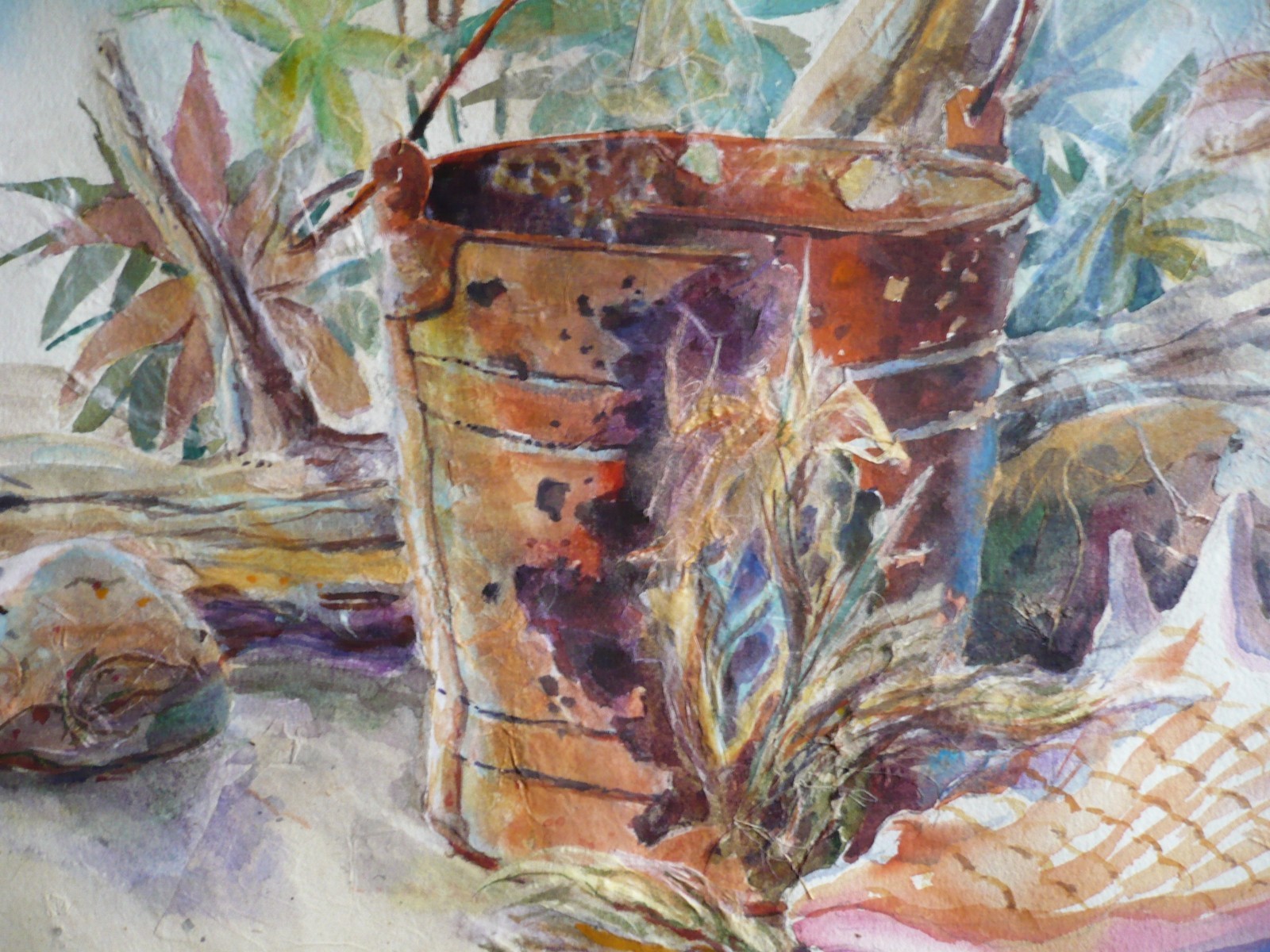 SIGNED TROUT, VINTAGE IMPRESSIONIST WATERCOLOR SHELL AND BUCKET TROPICAL BEACH