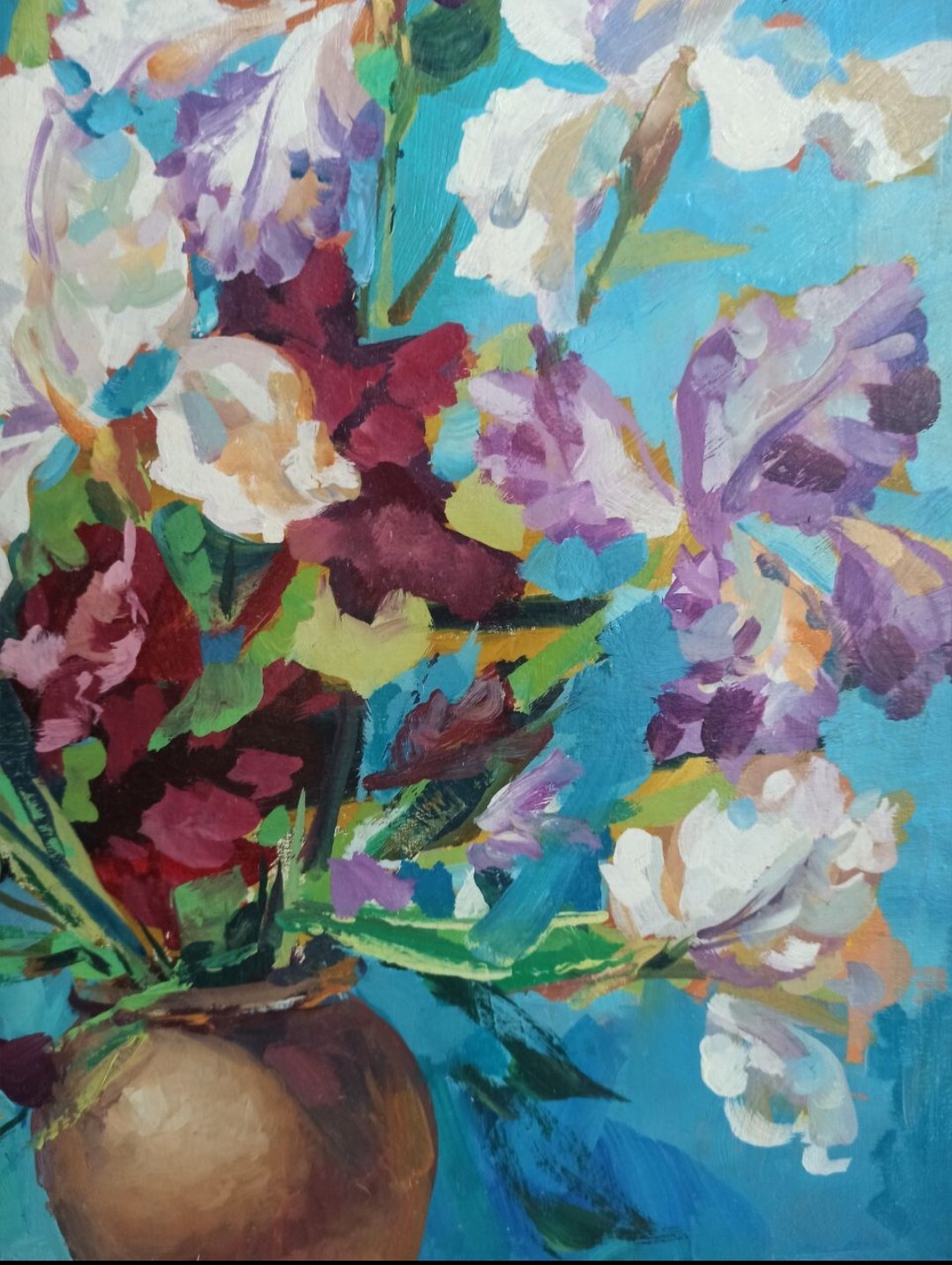 ORIGINAL Painting on canvas Bouquet of Irises Realism 19.68/15.74 inch