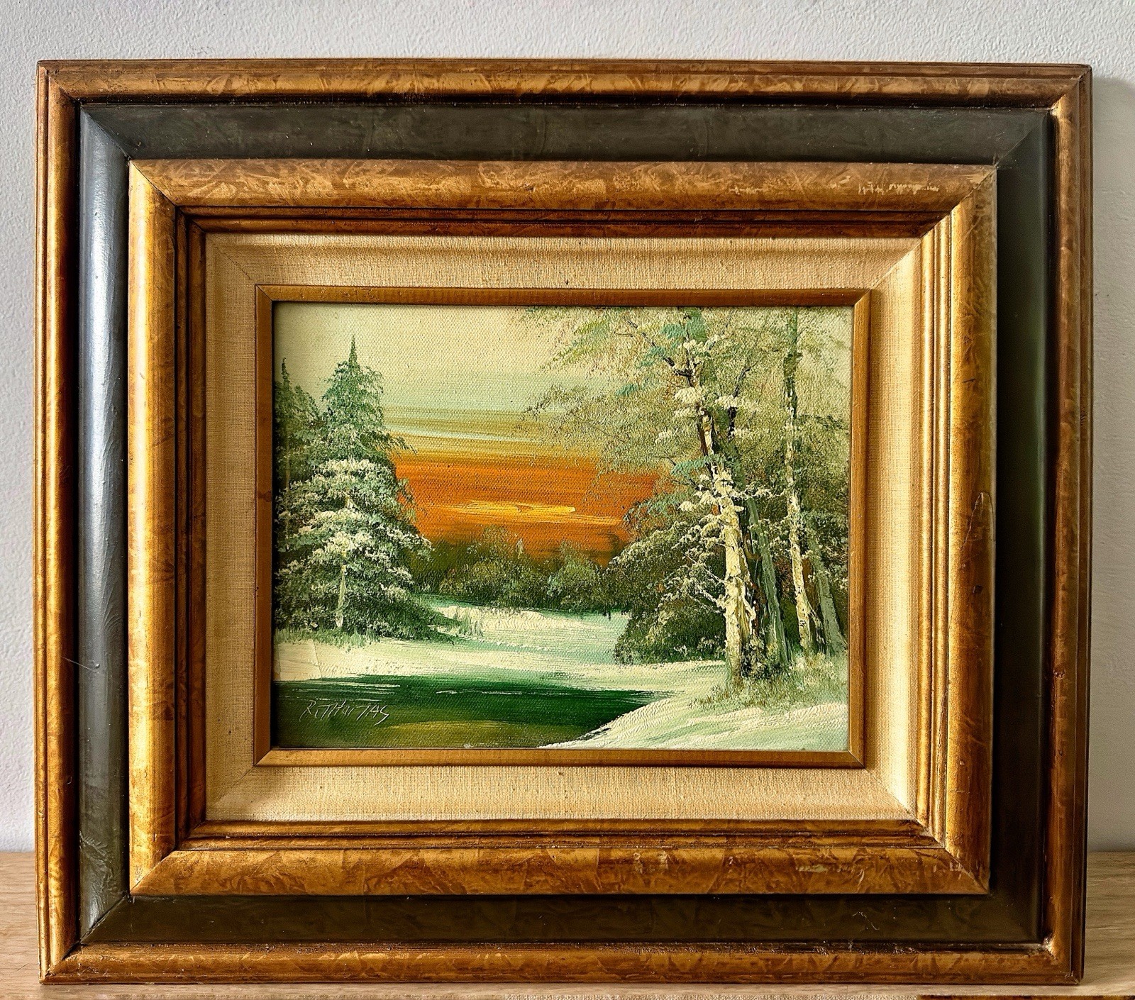MCM Signed Oil on Canvas Winter Landscape Snow Scene Sunset Original Art FineArt