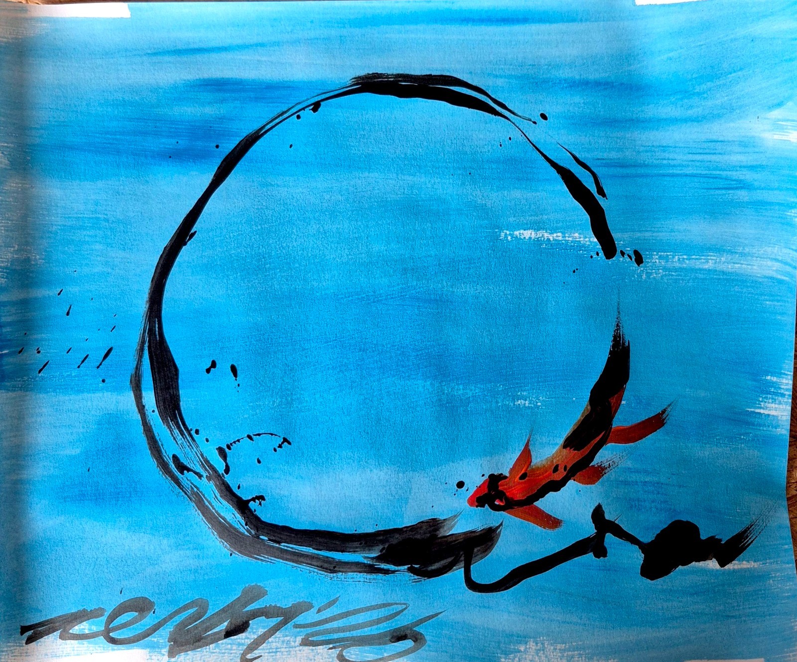 Original Hand Painted 11×14 Abstract Koi Acrylic Teal Blue Art Signed Paper P067