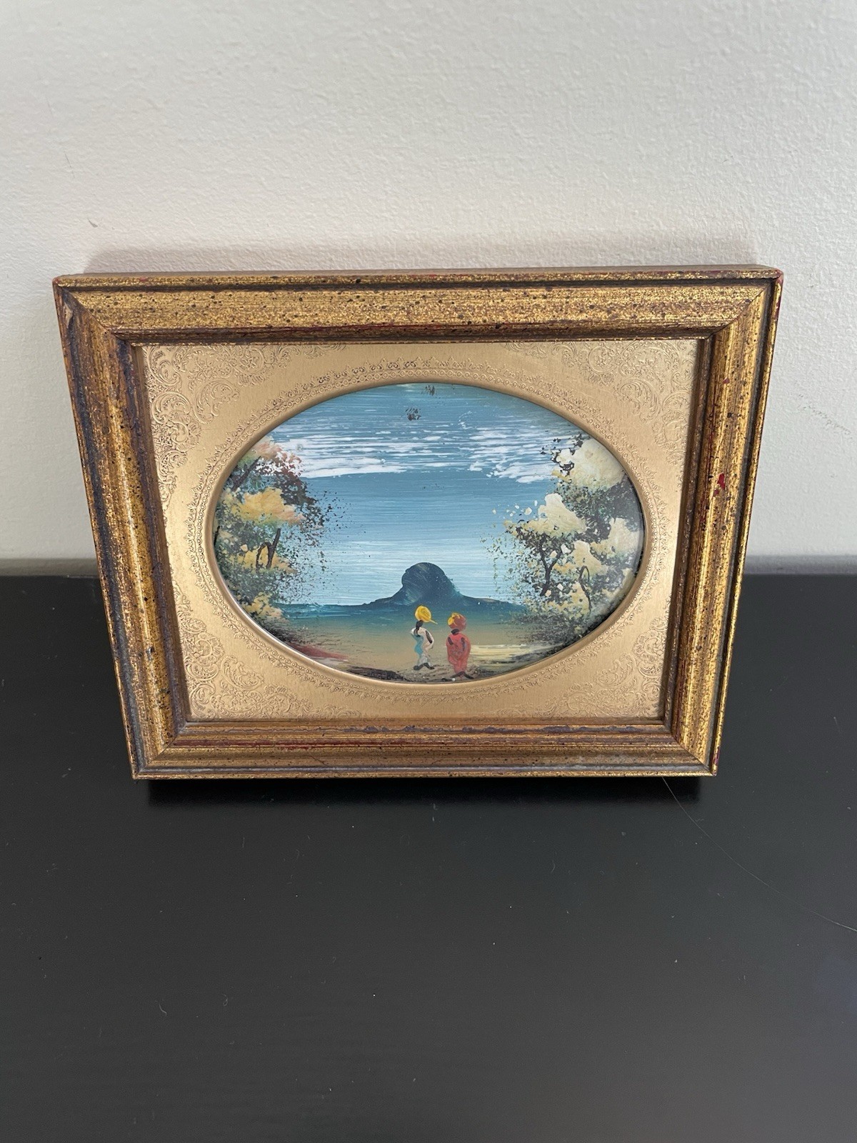 VTG Miniature Hand Painted Landscape 5”x6”in Golden Wood Frame