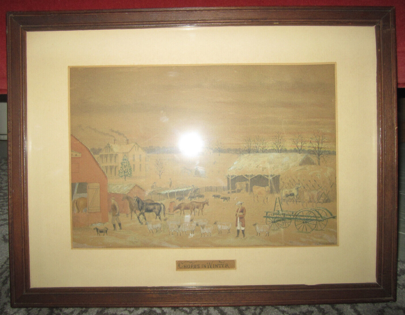 Antique framed art, Chores In Winter – painting / drawing signed Penfield, 1897