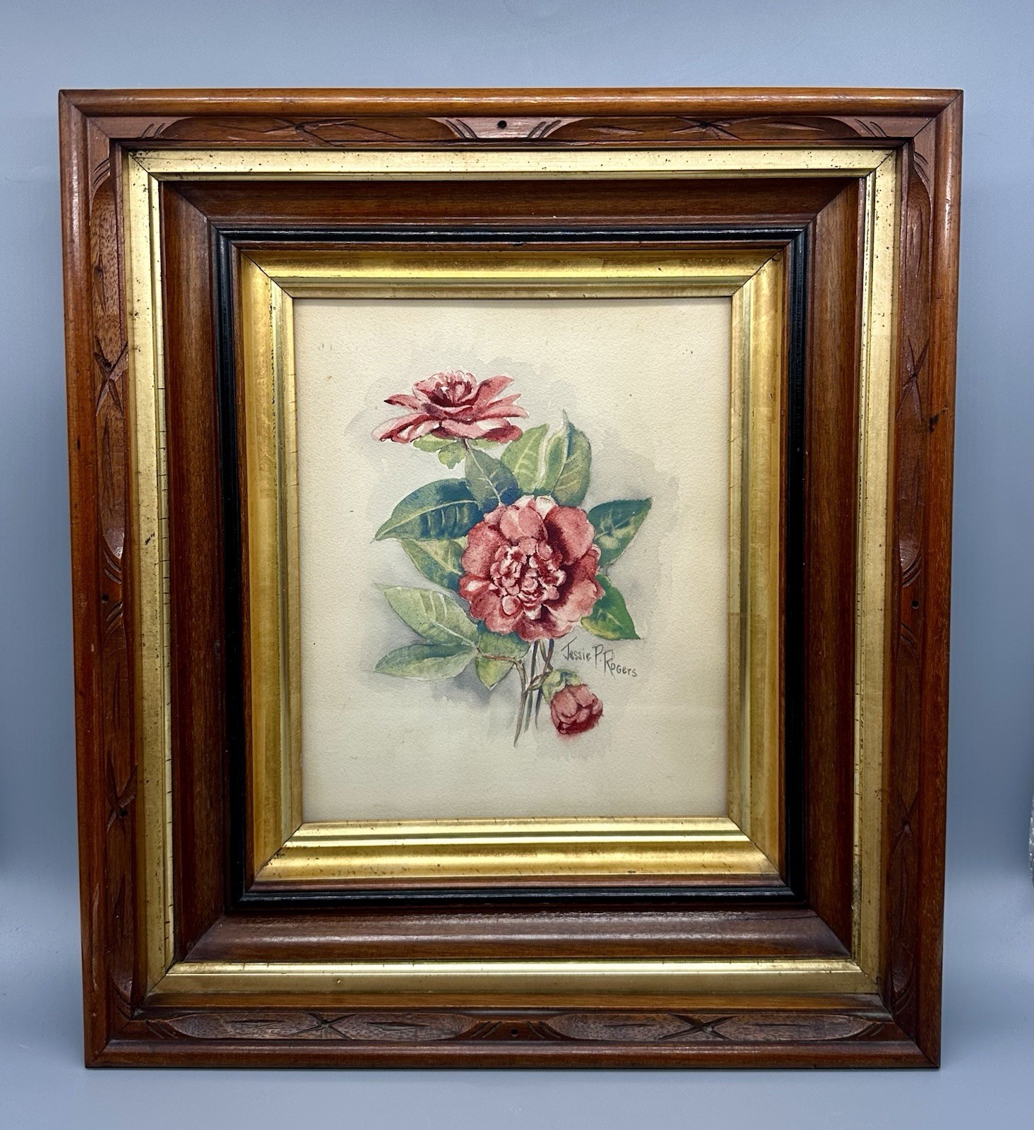 Antique Ornate Deep Wood Frame Gold Trim original Floral Watercolor Fits 8×10