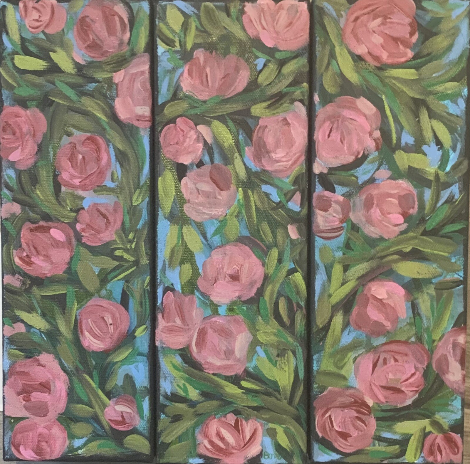 Moody Summer Roses Painting Acrylic tryptich Canvas Pink Flowers
