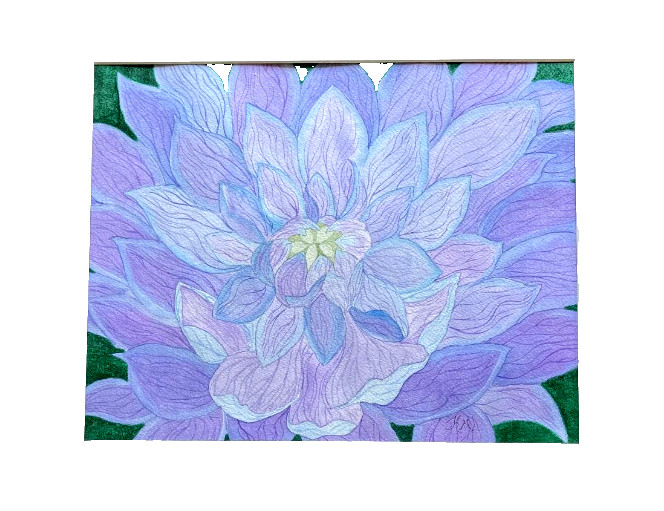 PAINTING WATERCOLOR 11X14 MAT 16X20 FLOWER DAHLIA PURPLE LAVENDER BLUE ORIGINAL