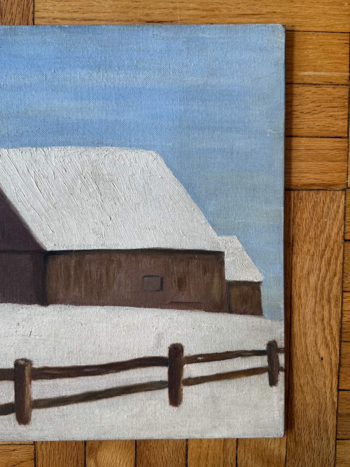 Vintage Barn Snowy Field Minimal Painting Landscape Acrylic On Board 14″x 18″