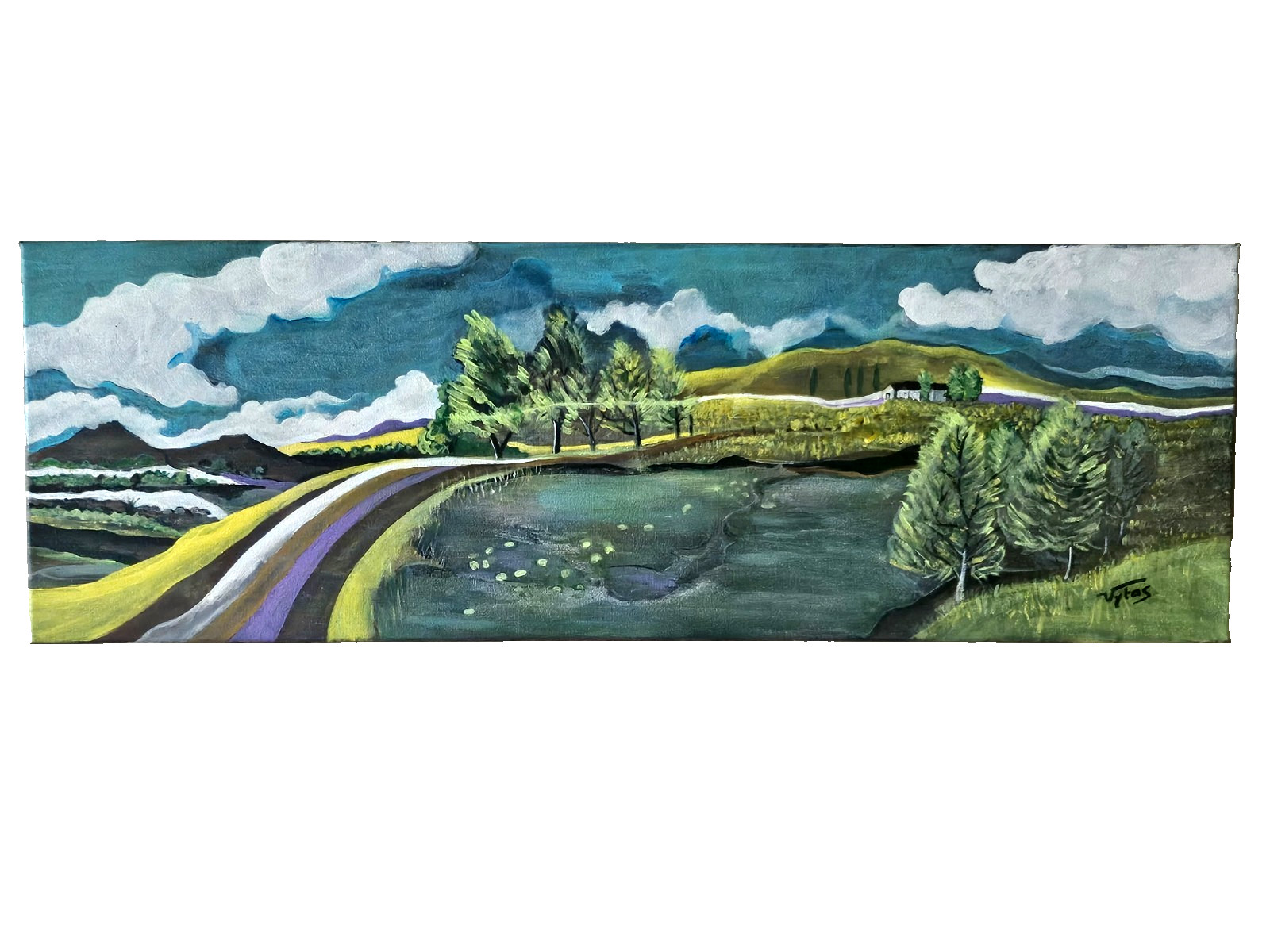 In Peace Landscape Pond Original Acrylic Painting Canvas Signed Vytas 36x12in