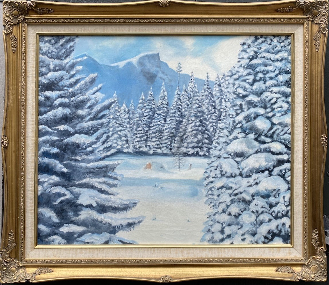 Original Winter Landscape Oil Painting Snow Mountain Cabin Forest Signed