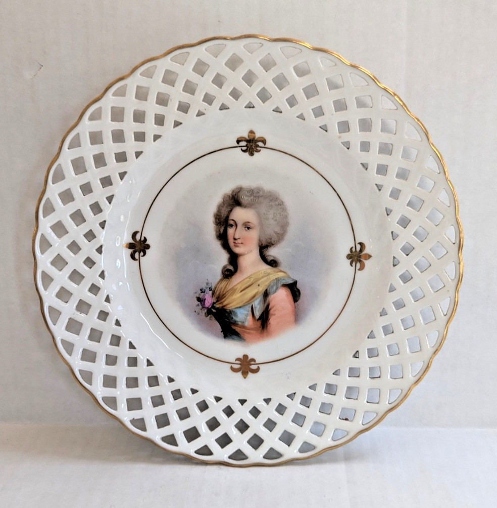 Antique Sevres Style Hand Painted Portrait Plate Madame Elisabeth Reticulated 9″