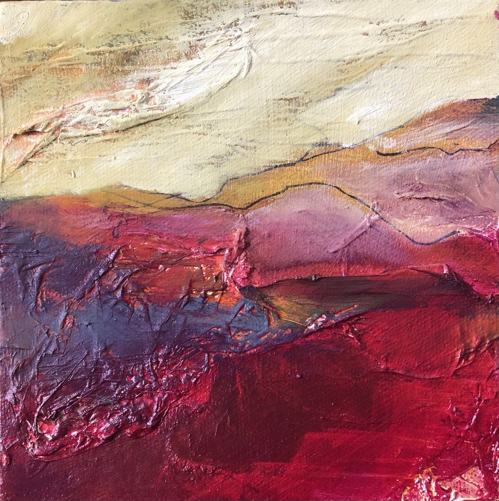 S Barton – OIL PAINTING 6”x6”Abstract Landscape Foothills Autumn Skyscape, 2021