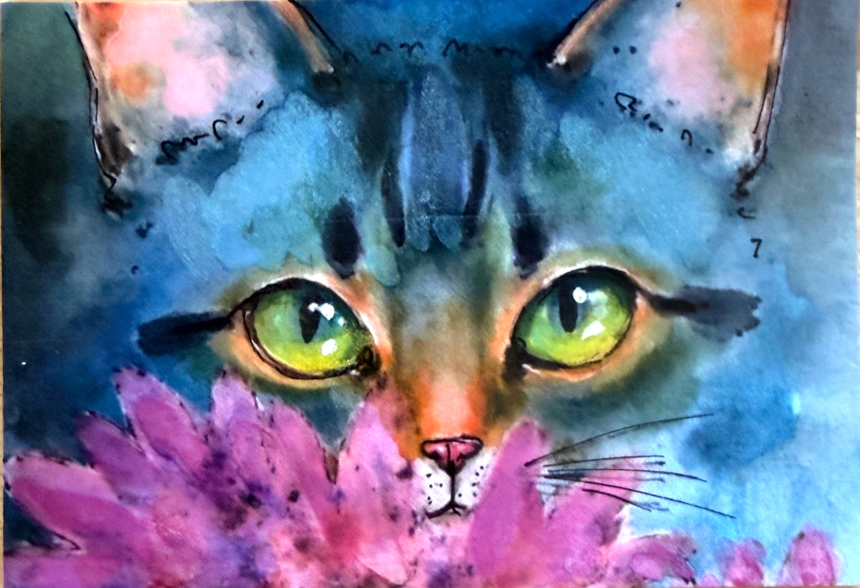Original Cat ACEO Painting Green Eyes Blue Cat OOAK Mini Art AdriO