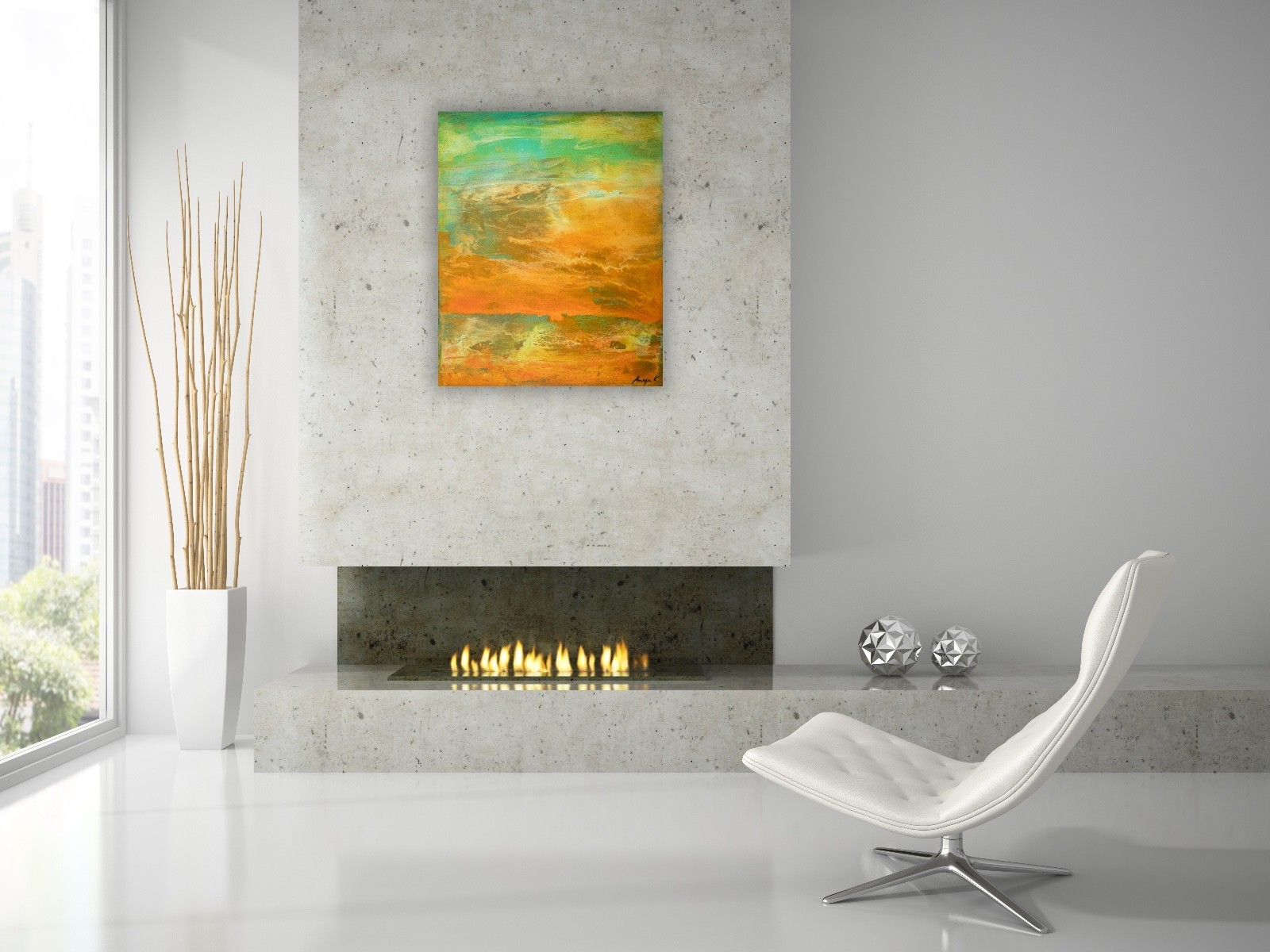Modern Original Abstract Painting Orange Green Turquoise Ocean Gallery Art Anya