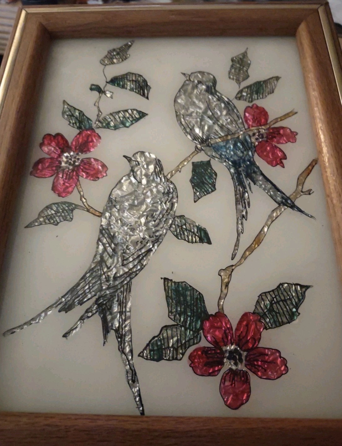 Beautiful Vintage Foil Tinsel Reverse Painting on Glass Birds