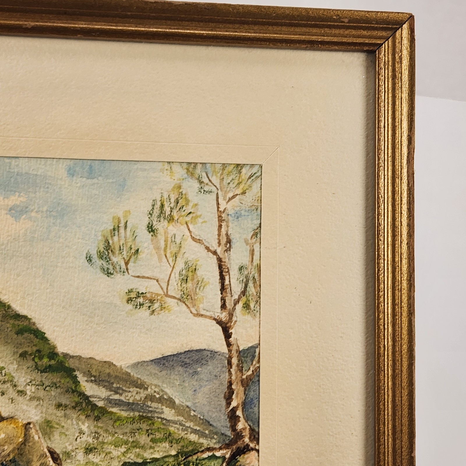 VTG Watercolor Art Landscape Rocky Riverbank Mountains Tree Nature Cottage 11″