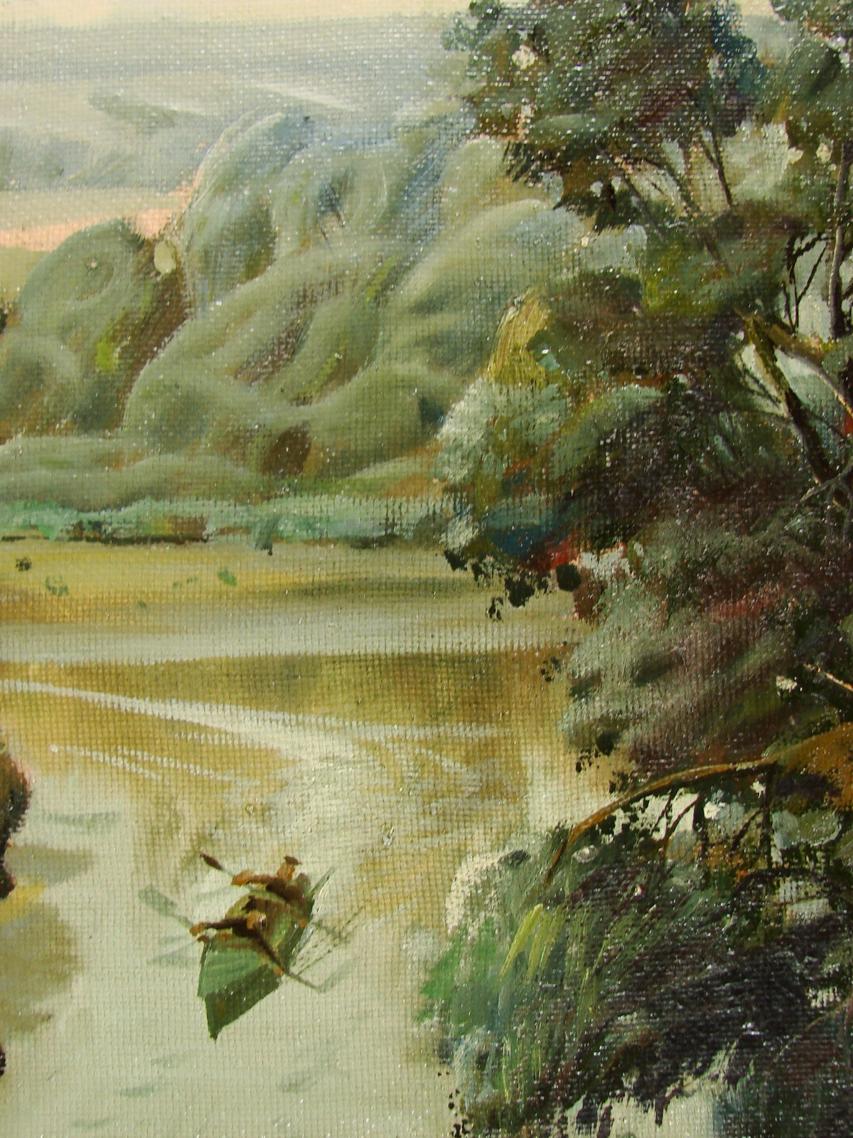 Ukrainian Soviet USSR oil painting impressionism realism river kayak boat rest