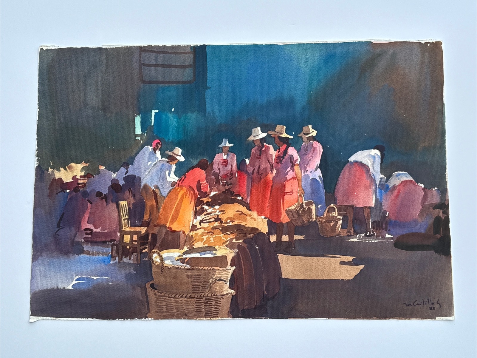 VINTAGE IMPRESSIONISM PAINTING MEXICO STREET SCENE VENDORS MARKET CASTILLO
