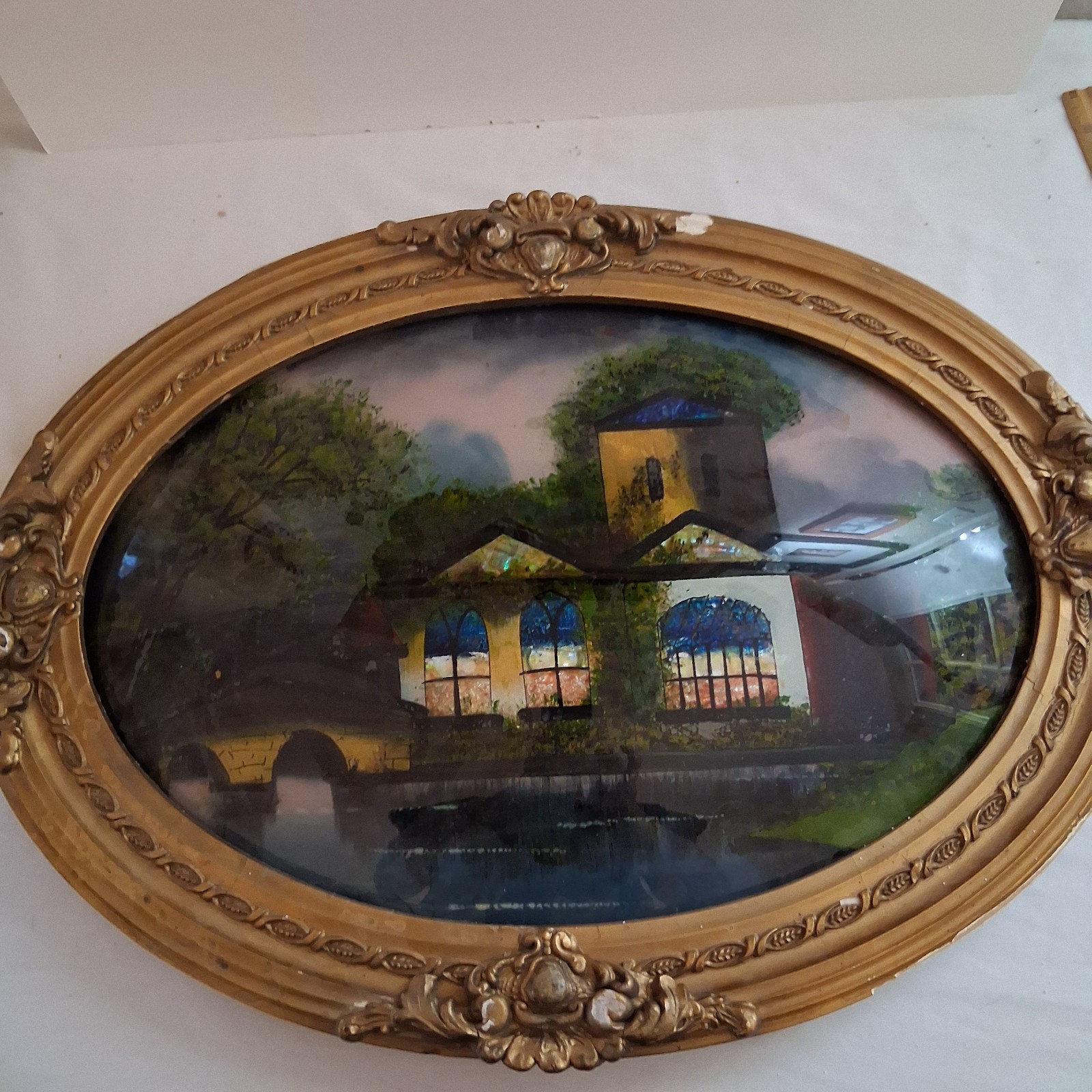 Antique Japanese Reverse Bubble Glass Painting In Original Frame 23″ × 16″
