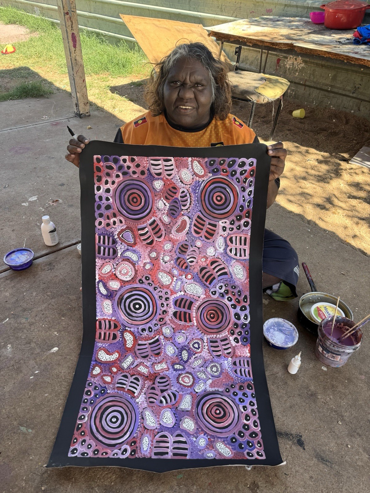 Dulcie Long Pula. Authentic Aboriginal Art. Incl, COA, Photo’s.size 100 x 50cm