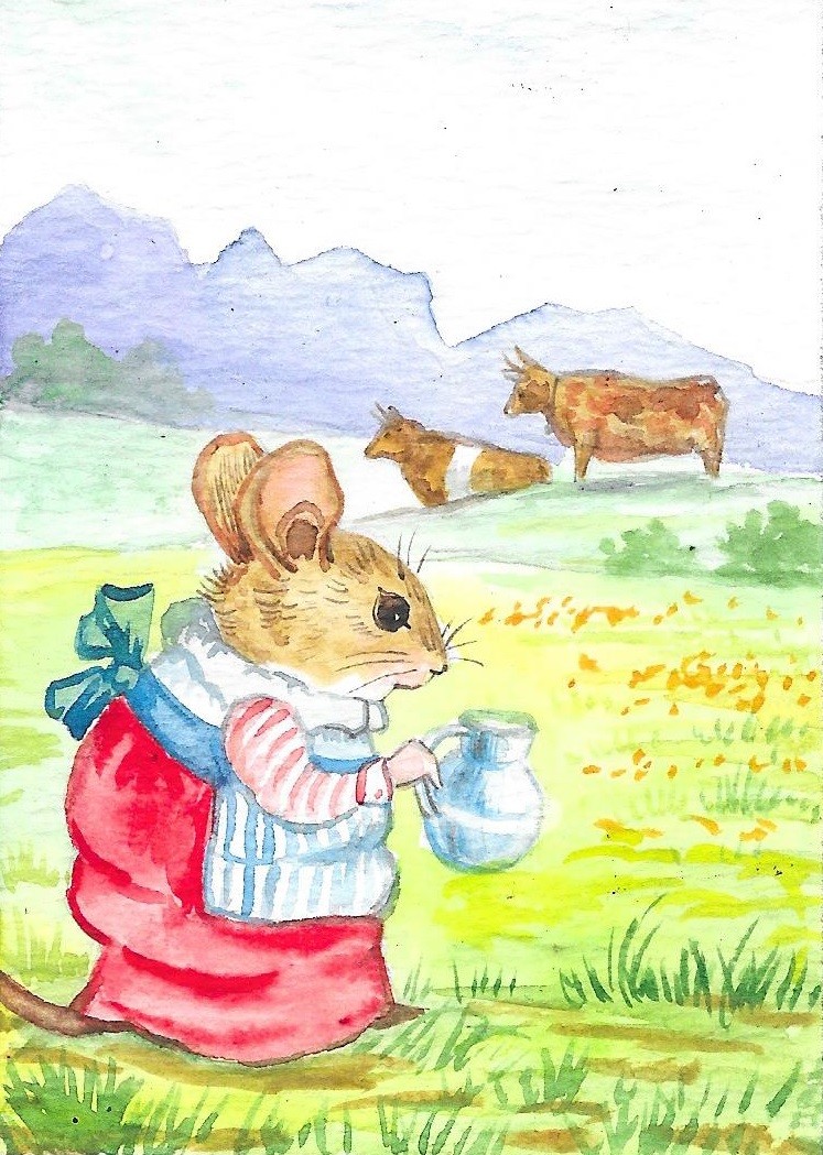 5×7 PRINT OF PAINTING RYTA MOUSE MILK COW FARM TEA SPRING FOLK ART Landscape 🌺