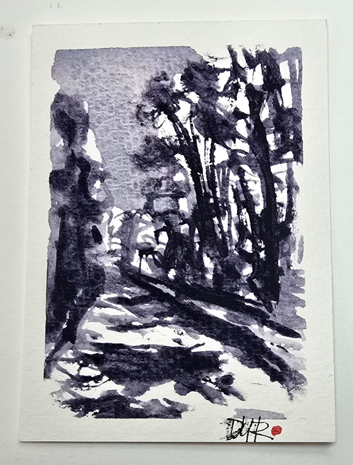 Original ACEO Cityscape Trees BW Abstract Watercolor Dulce Maria Rico»CITY WALK»