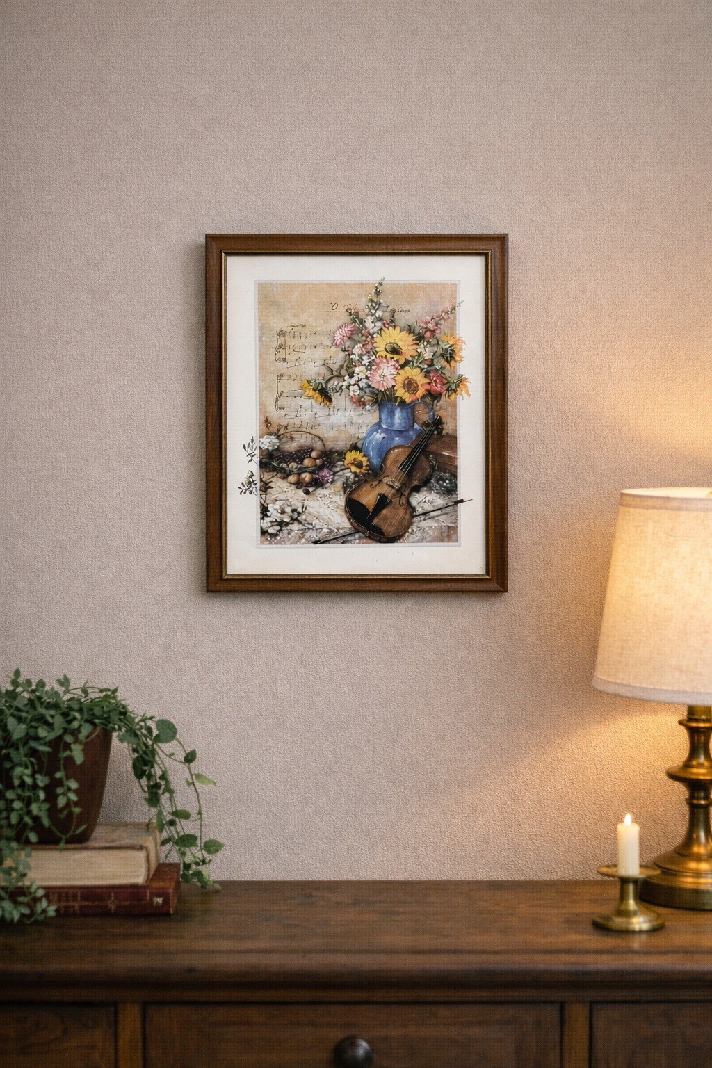 Vtg Signed “Jose Painting Print Gold Wood Frame Violin Sheet Music Flowers 11×9”