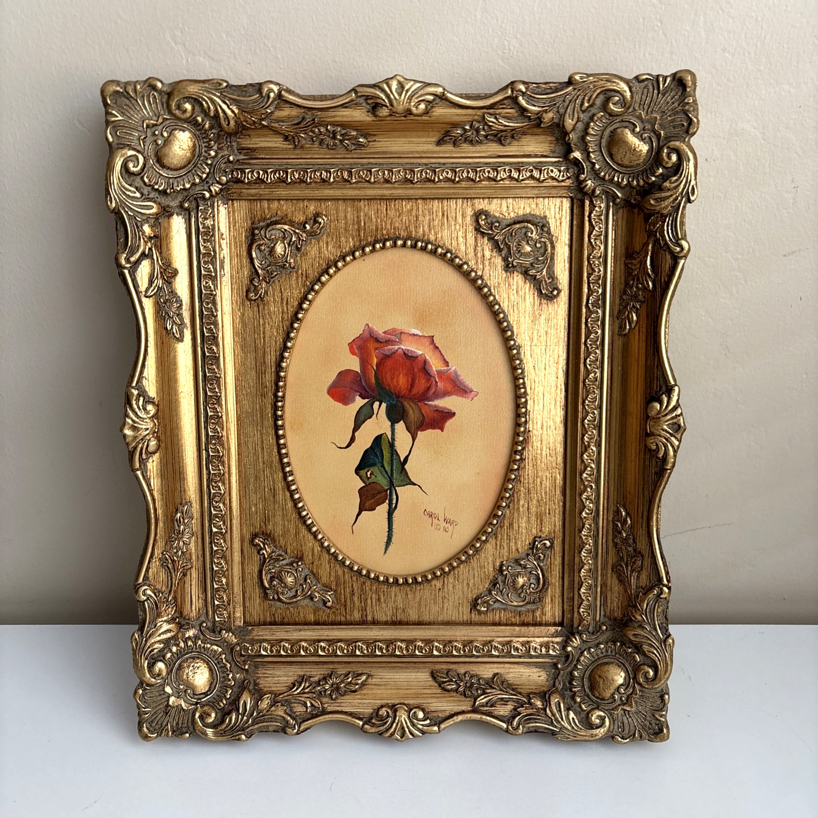 Vtg Original OIL PAINTING A Single Rose Signed Carol Ward in Baroque Gold Frame
