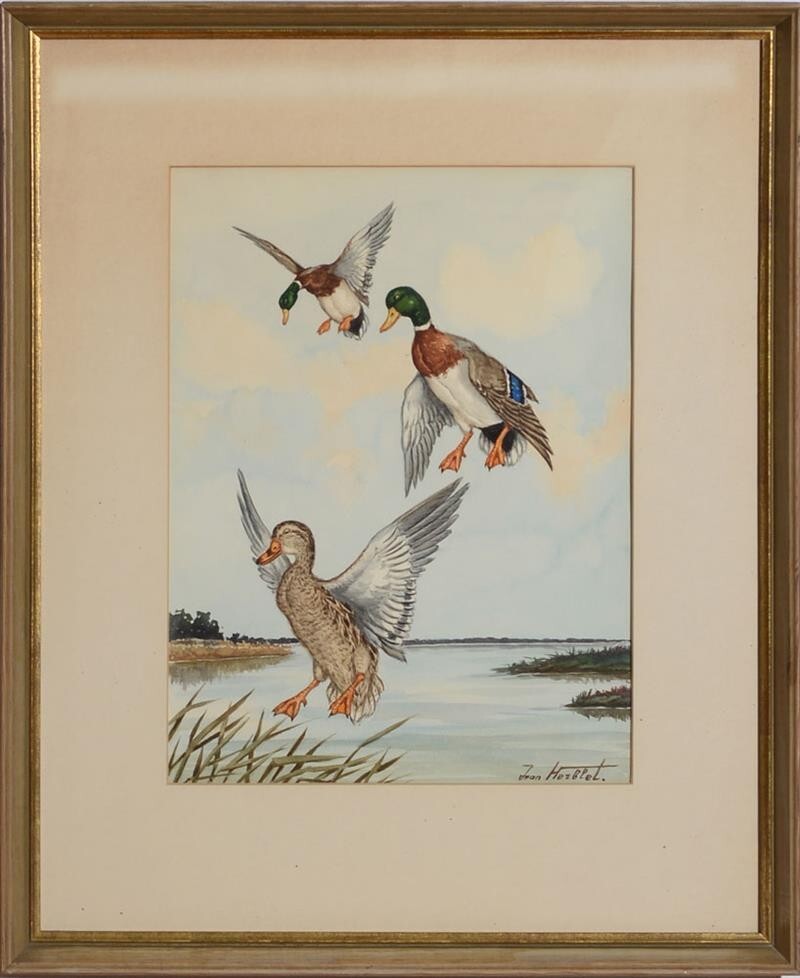 «3 Ducks in Flight» Watercolour by Jean Herblet Ex- C.Z. Guest Collection