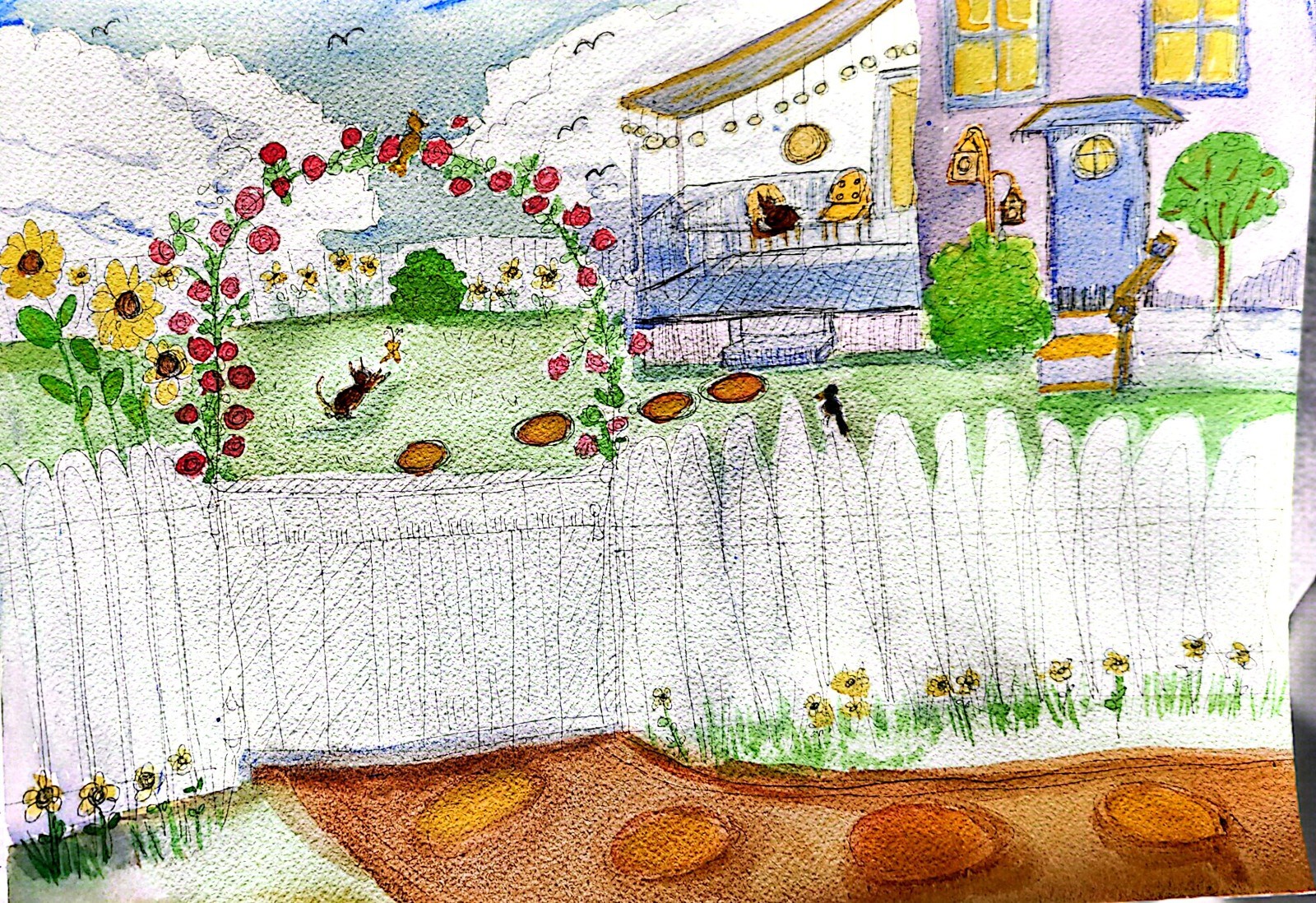 Porch Sitting In Garden Original Expressionism Watercolor On Paper 9×12 Signed