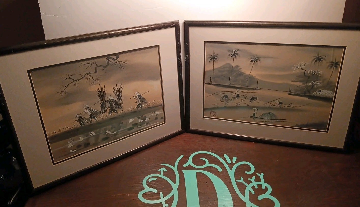Vintage Asian Rice Paddy Watercolor Paintings Framed Set of 2 Signed