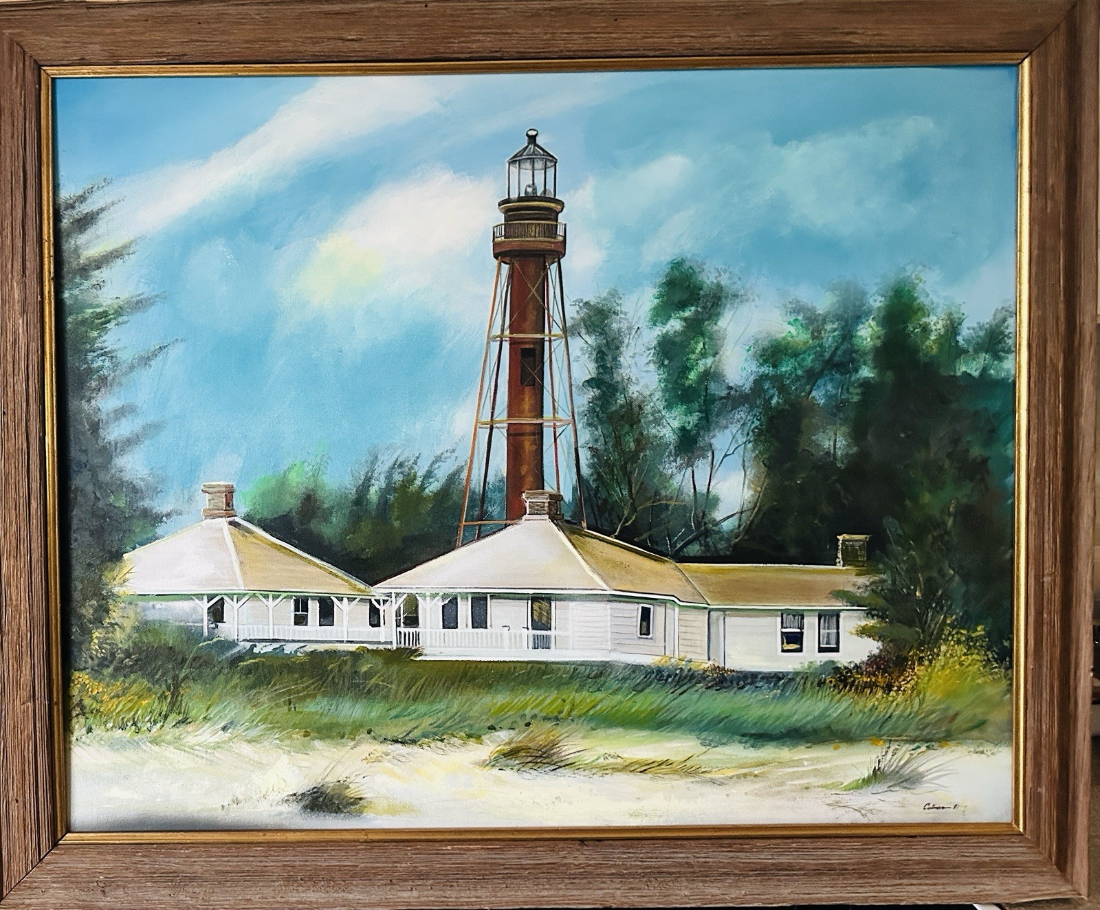 Florida Sanibel Island Lighthouse Highwaymen Style Painting Oil On Canvas 28×34”