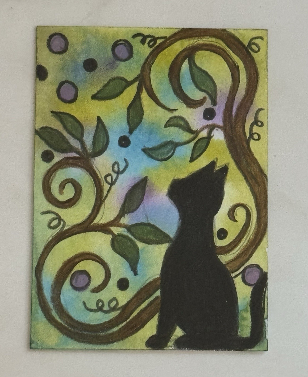 Aceo Original Art Trading Card, sweet cat with Floral Vines, Art By Sommer Rayn