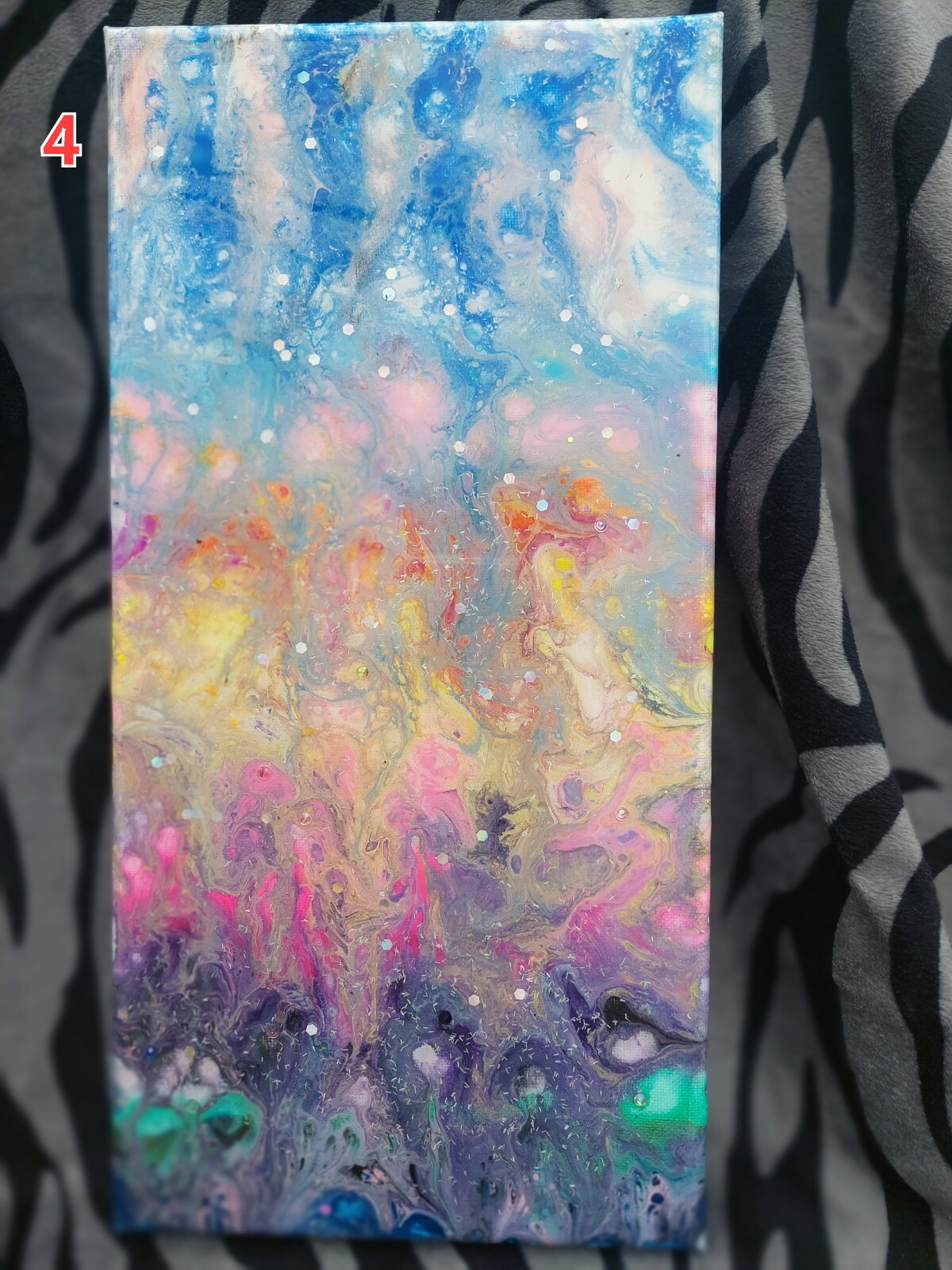 7×14″ Acrylic Painting with glitter uv paint + clear epoxy resin overlay.