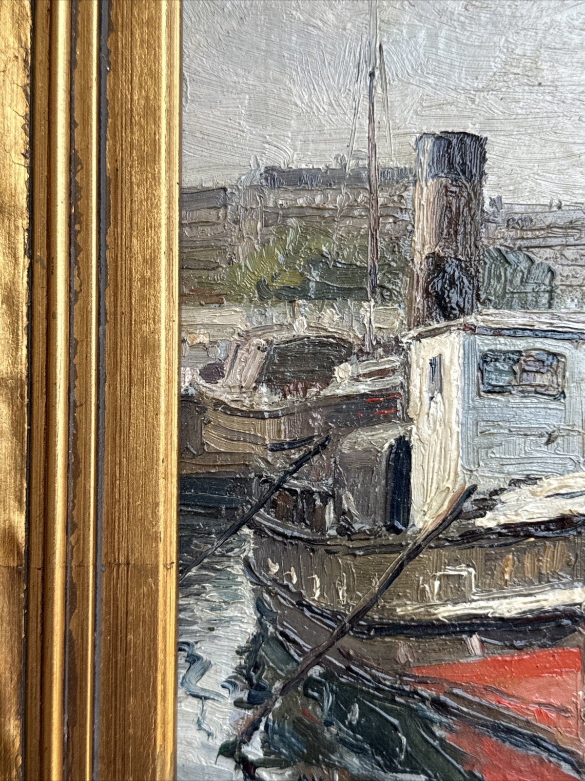 ANTIQUE PAINTING NAUTICAL FRENCH LISTED COASTAL MARINA PORT HENRI TROUSSARD OIL