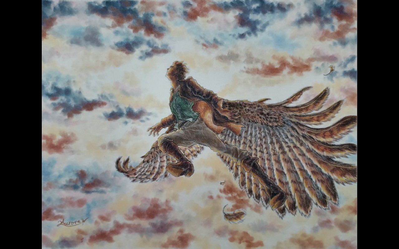 Man With Bird Wings Against Beautiful Sky Pastel Artwork