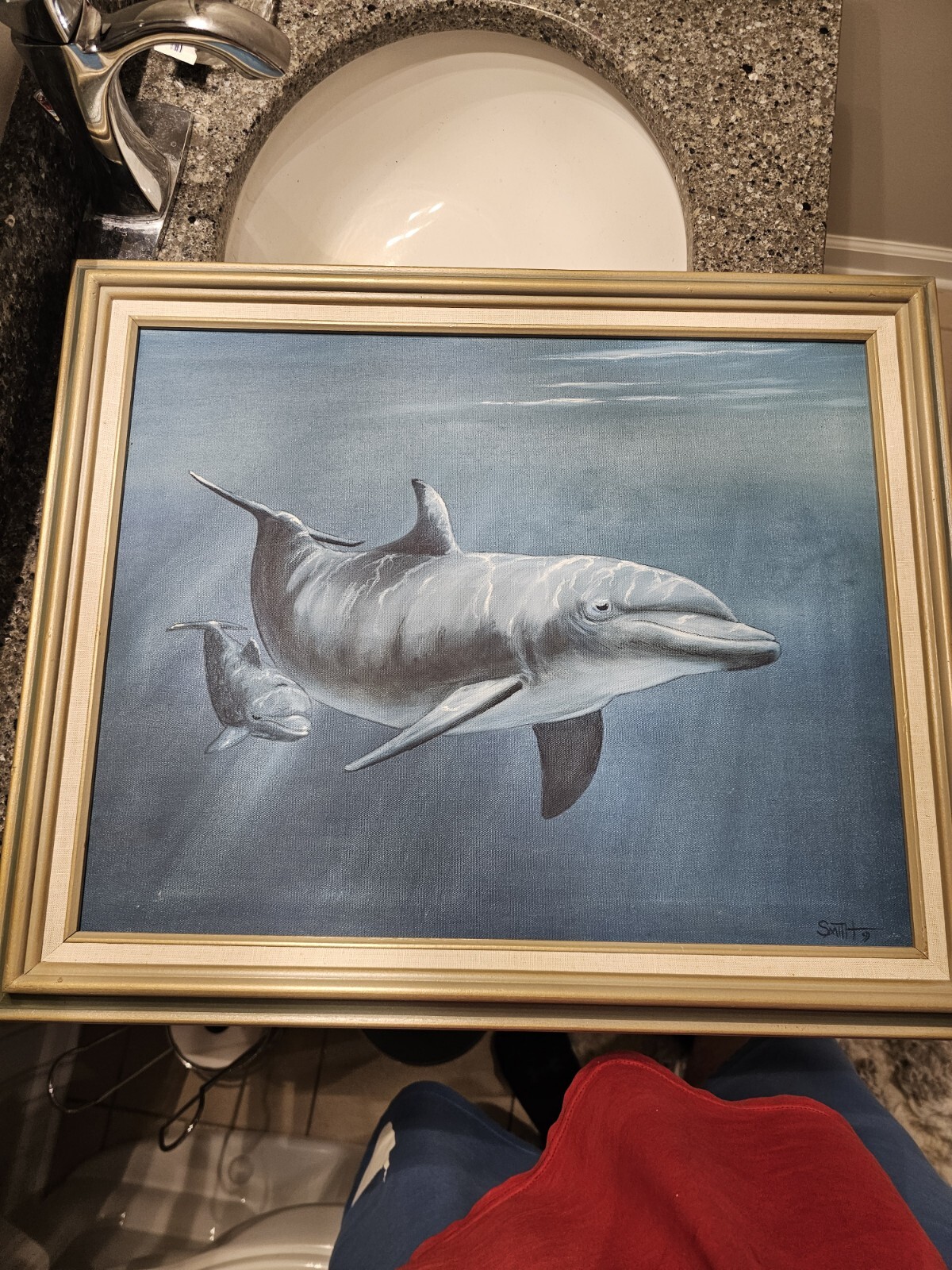Dolphins Mother & Baby Painting Blue, Framed, Signed. 18in By 24in By Smith