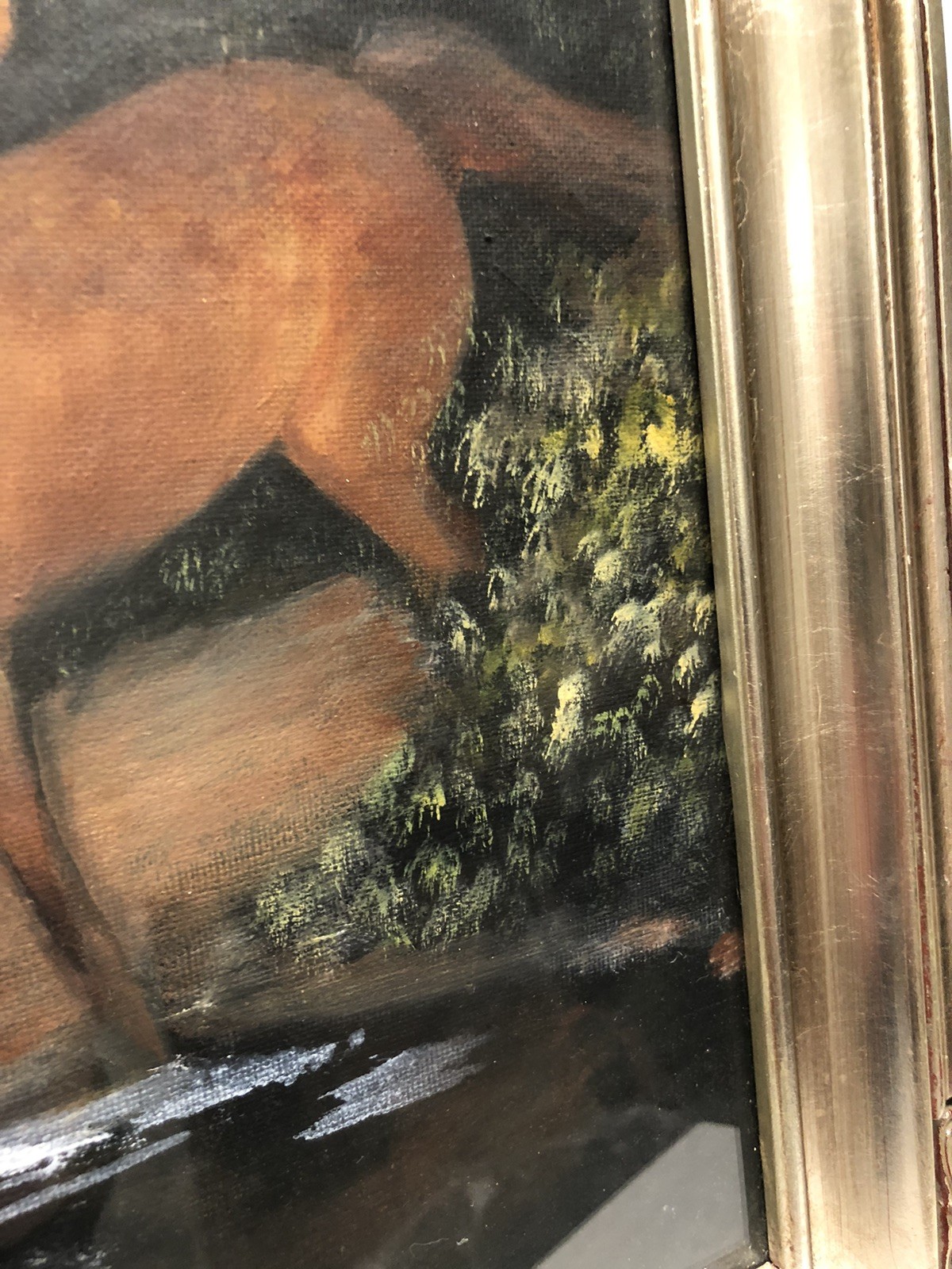 VTG Original Signed Oil On Canvas Painting Two Horses Wading In Water Framed 17”
