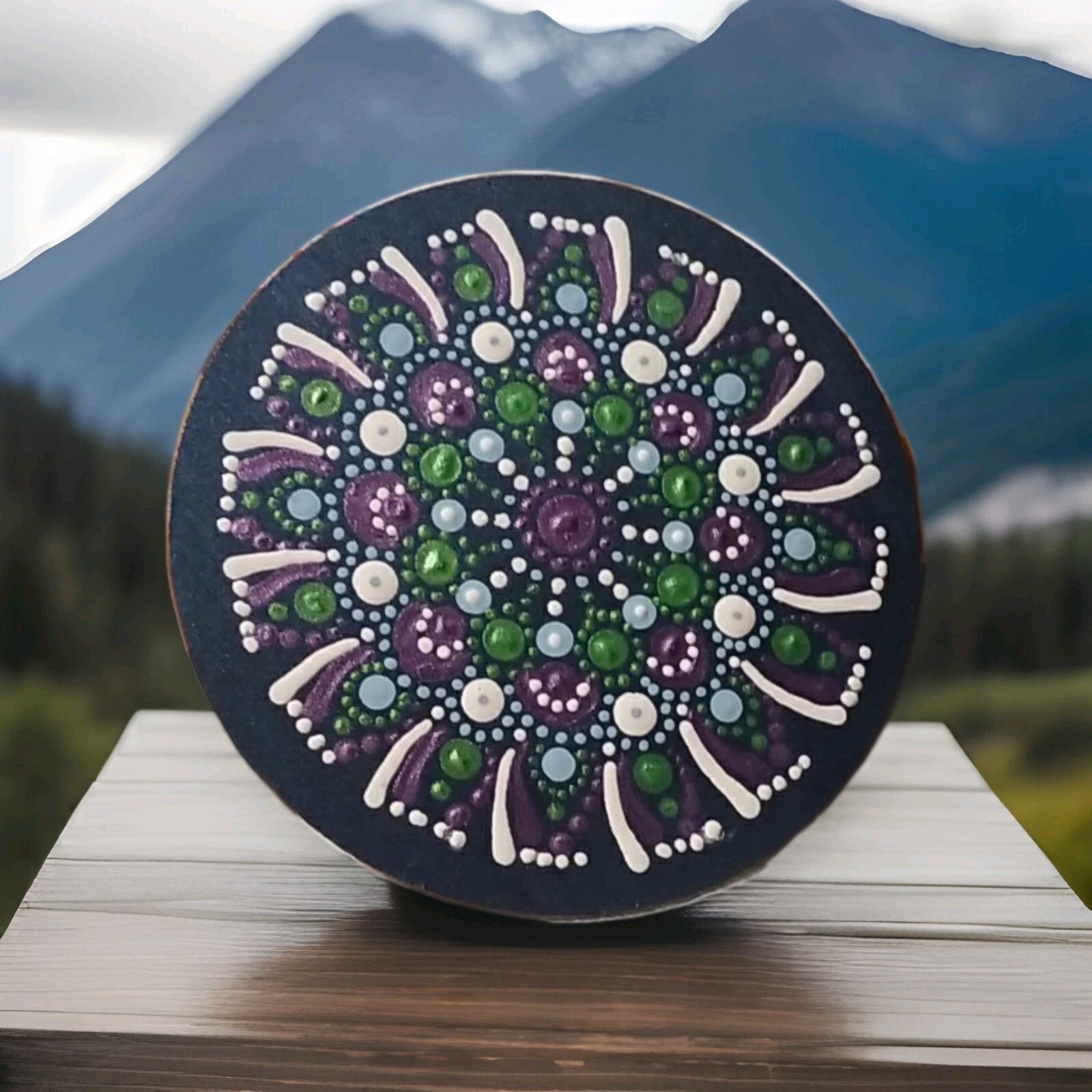 4 Inch One Of A Kind Dot Mandala In Green, Purple, Blue And White
