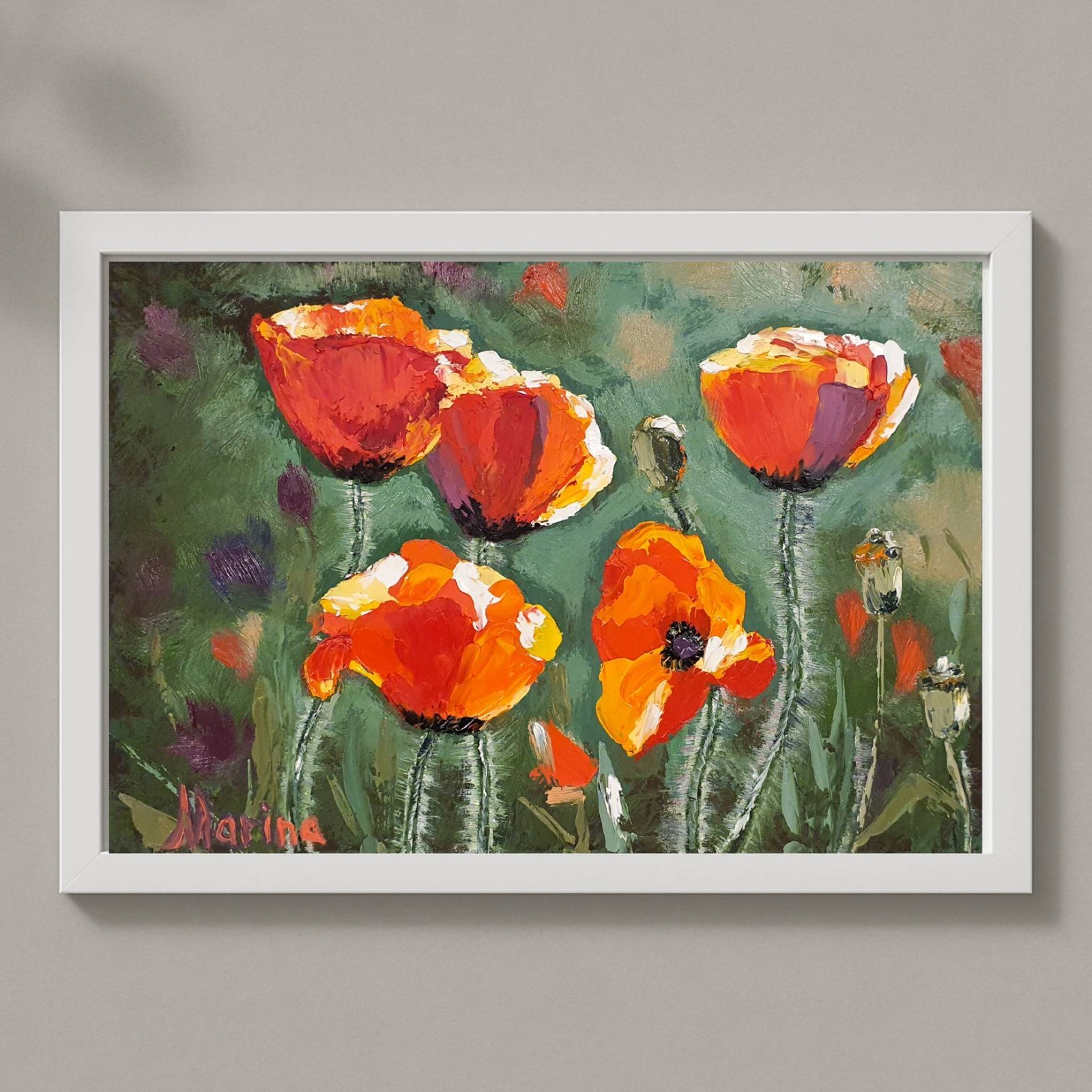 Red Poppy Flowers Painting Landscape Gardens Original Artwork Floral Still Life